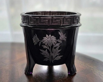 vintage L.E. Jardinière Smith en verre améthyste noir, vase Art Déco à pieds noirs
