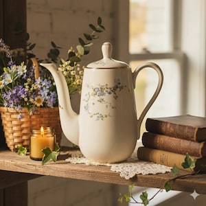May include: Cream-colored porcelain coffee pot with a lid, adorned with delicate blue floral patterns and gold trim. The pot sits on a lace doily, next to a basket of flowers, a lit candle, and stacked books, creating a cozy, vintage aesthetic.