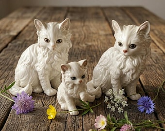 Lot de 3 chats de la famille Lefton Cat Family vintage en céramique, décoration Mid-Century