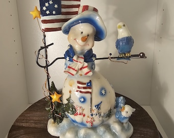 Vintage Patriotic Resin Snowman Figurine - Americana Folk Art