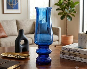 Vintage Cobalt Blue Glass Vase Mid Century Empoli Pedestal 8 Inch