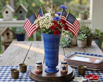 Cobalt Blue Hand-Painted Flared Vase – Studio Art Pottery, MCM Decor 10” Height