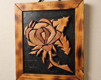 Art mural vintage rose en bois intarsia | Décoration tiki et tropicale Mid-Century