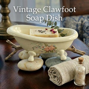 May include: A vintage clawfoot soap dish in cream with floral accents, holding a bar of soap. The dish is supported by small, white claw feet and rests on smooth stones. The text "Vintage Clawfoot Soap Dish" is at the top.