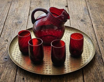 Ensemble vintage Roly Poly Ruby Royal Anchor Hocking : pichet et 4 verres