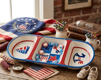 Vintage Inspirado Stoneware, Picnic Gear, BBQ, Patriotic Divided Server | Americana 250th