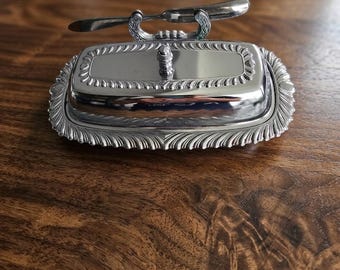 Beurrier Irvinware vintage avec insert en verre | Vaisselle en métal argenté prête à offrir