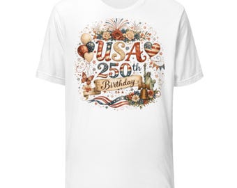 USA 250th Birthday Vintage Style T-shirt, Feminine Patriotic Graphic Tee