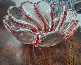 Vintage Ruffled Art Glass Bowl - Clear with Red Ribbons - Mid Century Style