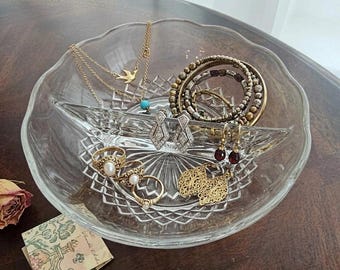 Plat divisé en verre dépression des années 1930 | Bonbons ou bijoux fourre-tout en cristal