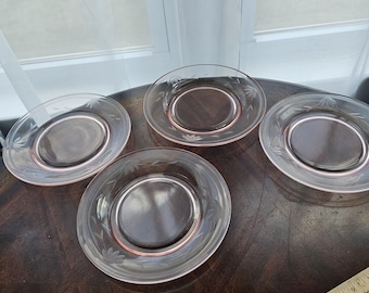 Vintage Depression Glass Pink  Plates, Etched,  Wheel Cut Elegant Glass, Set of 4