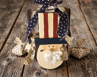 Vintage Uncle Sam Primitive Mason Jar Patriotic USA 250th Decor