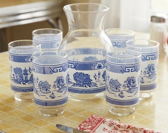 Vintage Blue Willow Beverage Set, 1960s Kitchen, Retro Drinkware Gift