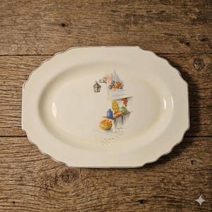 Vintage W.S. George Lido Canarytone Platter, Mid Century Market Scene Oval Serving Plate