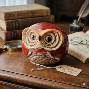 May include: A ceramic owl figurine with a glossy red finish and tan accents. The owl has large, detailed eyes and a textured body. A tag that reads "Authentic Vintage" is attached. The owl is displayed on a wooden surface with books and a magnifying glass.
