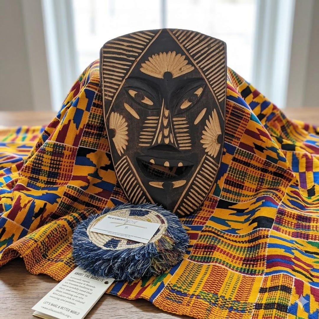 Hand-carved African Wooden Mask & Rwandan Woven Sisal Coasters, 3 Piece ...
