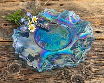 Vintage Blue Iridescent Diamond Point  | 10" Ruffled Edge Bowl, Indiana Glass Windsor Carnival Bowl