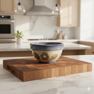 May include: A ceramic bowl with a blue rim and floral design sits on a wooden cutting board. The bowl features a cream-colored base with blue flowers and green leaves. The cutting board is made of end-grain wood.