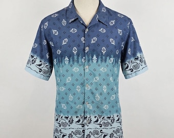 Vintage Ombre Hawaiian Shirt | Men's Blue Boho Geo Print Button Down