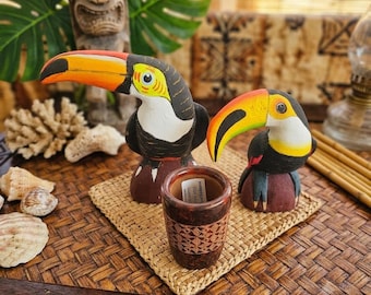 Vintage Hand-Painted Balsa Wood Toucans & Etched Terracotta Vase – Tropical Tiki Decor