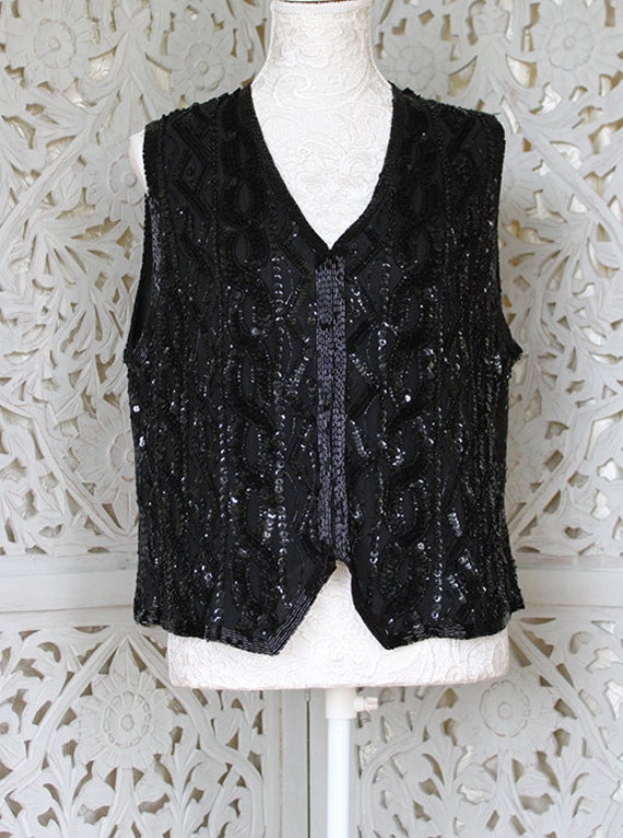 EU 3840 1980s Black Sequin /& Lace Waistcoat Size UK 1012 US 68