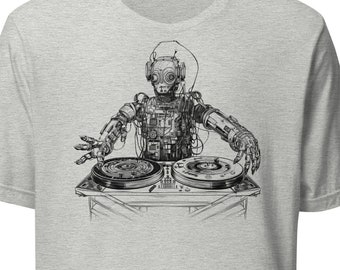 Roboter DJ Shirt | Android Musik Tee | Cyborg Disc Jockey Shirt | Musikliebhaber T-Shirt | Droid Musik Shirt | Maschinenhersteller T-Shirt