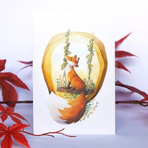 Fox on a Swing postcard - Spring animals series