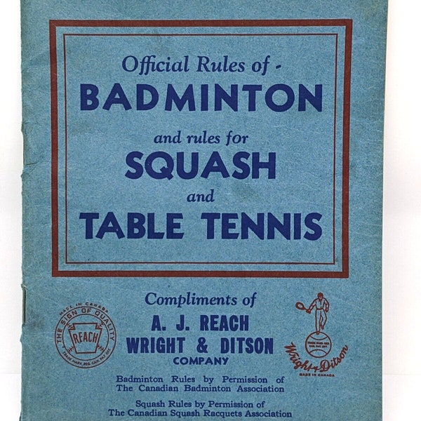 Wright & Ditson 1939 Official Rules for Badminton, Squash and Table Tennis Vintage Ephemera Booklet Old Pamphlet