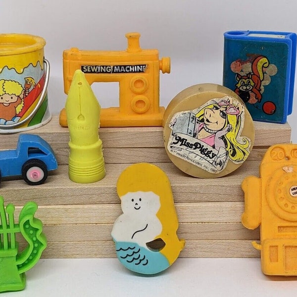 15 Vintage Eraser & Retro Pencil Sharpeners from 1970s-1980s Era Fun features Russ Mrs Piggy Display Toys