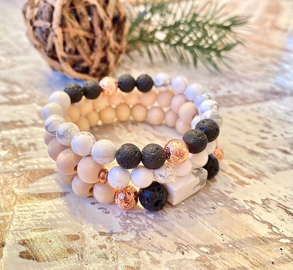Gemstone and Wood Bracelets, Lava Rock Bracelets, Howlite Gemstone