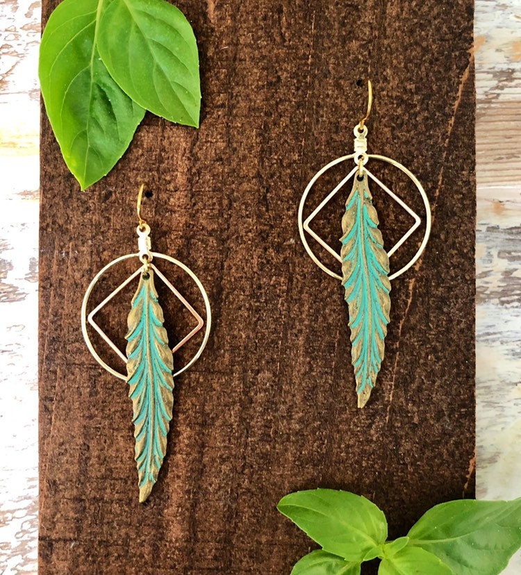 Copper Feather Earrings Geometric Dangle Earrings Statement