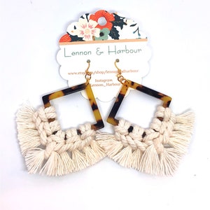 Tortoise Shell Macramé Earrings, Tassel Earrings, Square Tortoise Shell Earrings, Macrame Earrings