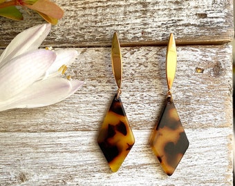 Tortoise Shell Rhombus Earrings, Gold and Tortoise Shell Dangle Earrings, Triangular Statement Earrings