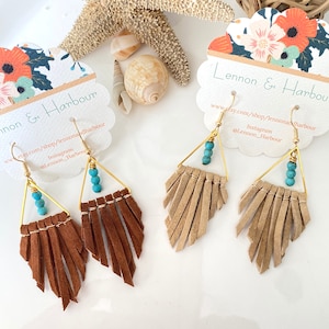 Leather Fringe Earrings, Genuine Leather Earrings, Leather Tassel Earrings, Turquoise Earrings, Southwestern Earrings