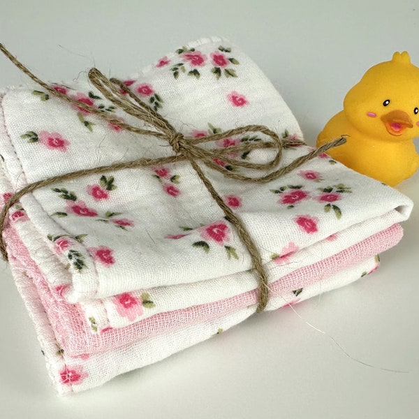 Luxurious Baby Washcloths Muslin Gauze Set of 3 Pink White Floral / Baby Girl Gift