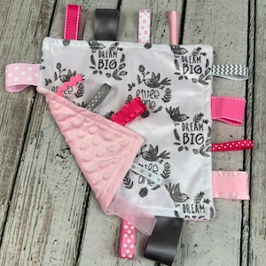 Pink Gray Little One Baby Girl Minky Tag Blanket / Lovey / Baby Shower Gift / Sensory Blanket