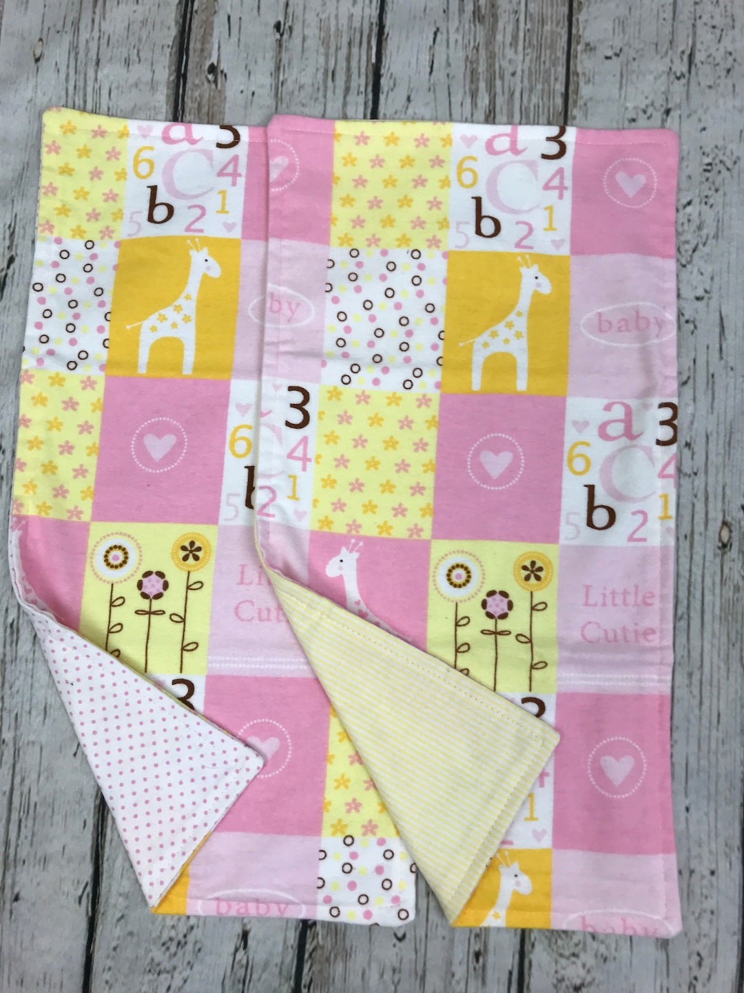 Baby Girl Flannel Burp Cloth Set Giraffes Pink Yellow / Baby Girl Gift