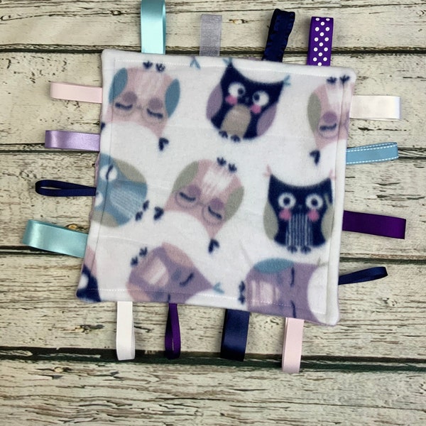 Baby Girl Minky Tag Blanket Owls Purple  / Lovey / Baby Shower Gift Girl / Sensory Blanket