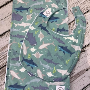 Baby Boy Bib Burp Cloth Set / Shark Baby Bib / Shark Burp Cloth / Ocean Nursery / Baby Shower Gift