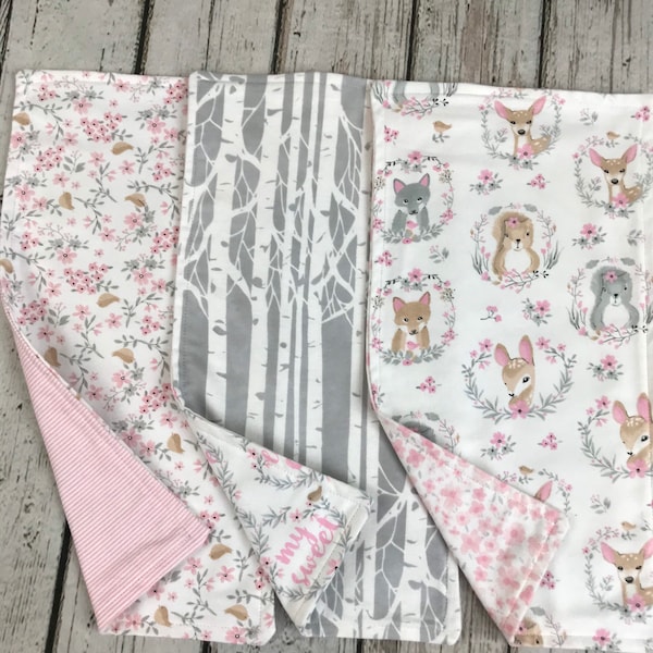 Baby Girl Burp Cloths / Baby Gift / Pink Woodland Animals / Blush Meadow Collection / Burp Rags / Baby Shower Gift Set