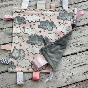 Pink Gray Clouds Baby Girl Minky Tag Blanket / Lovey / Baby Girl Shower Gift / Sensory Blanket