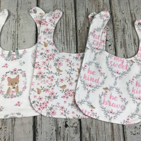 Baby Girl Bibs Pink Woodland Animals / Baby Girl Gift / Flannel Double Sided Baby Bibs / Blush Meadow Collection / Pink and Gray