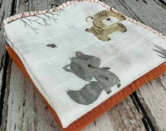 Luxurious Baby Washcloths Muslin Gauze Set of 2 Orange Woodland Animals / Baby Boy Gift