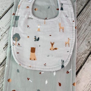 Baby Boy Bib Burp Cloth Set / Woodland Animal Sage Mushroom Bib / Woodland Animals Burp Cloth / Woodland Animals Nursery / Baby Shower Gift