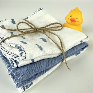 Luxurious Baby Washcloths Muslin Gauze Set of 3 Blue Fish / Neutral Baby Gift