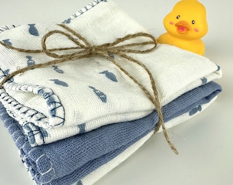 Lussuosi asciugamani per neonati in mussola di garza, set da 3, colore: pesce azzurro/regalo per neonati neutro