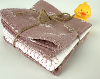 Ordine speciale - Lussuosi asciugamani per neonati in mussola e garza, set da 4, colore malva floreale / regalo per neonata