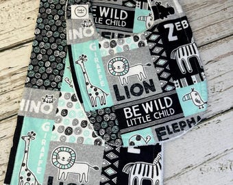 Baby Shower Gift Set / Burp Cloth Bib Set / Neutral Baby Gift / Safari Mint Black