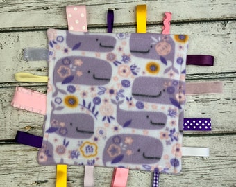 Baby Girl Minky Tag Blanket Purple Whales / Lovey / Baby Shower Gift Girl / Sensory Blanket