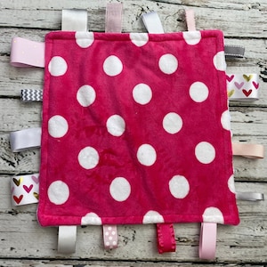 Pink White Dot Baby Girl Minky Tag Blanket / Lovey / Baby Girl Shower Gift / Sensory Blanket